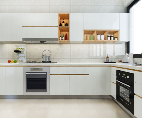 3d rendering modern kitchen counter with white biege design Freepik