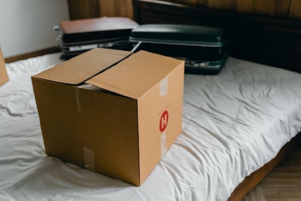 Box and suitcases on a bed 600 Pexels