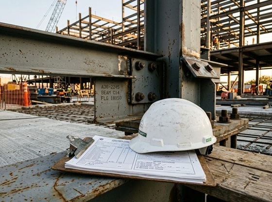 Construction site with steel beam connection hard hat and inspection documents AI