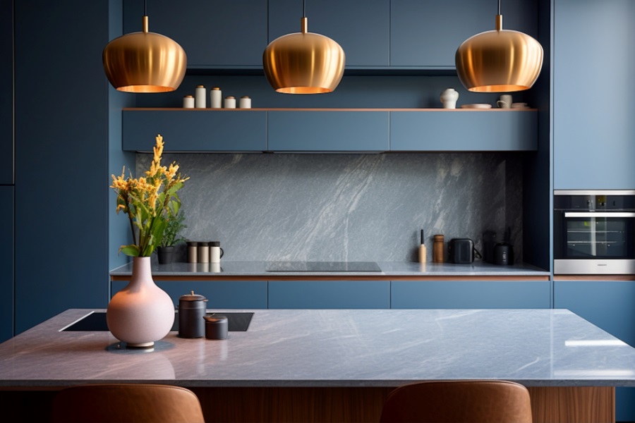 Kitchen island with bronze lights