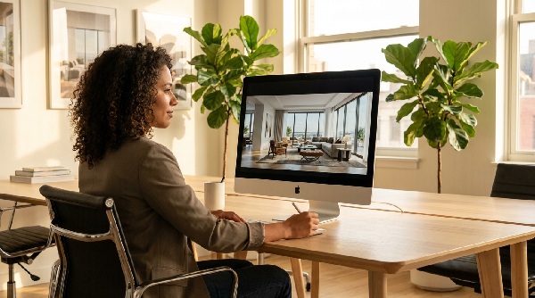 Woman looking a house on screen Ori Harel