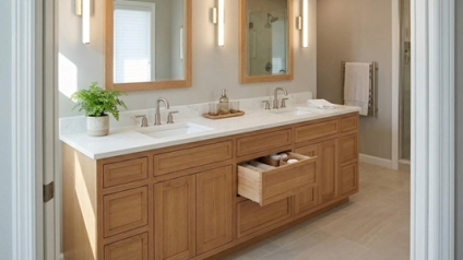 A well-planned double-sink vanity keeps busy morning routines calm and clutter-free.