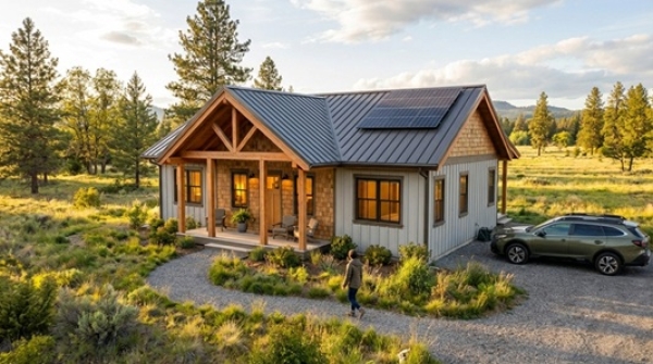 A compact timber-frame cottage illustrates how small homes can feel spacious, warm, and high quality.