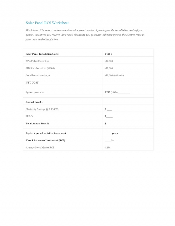 Solar panel ROI worksheet